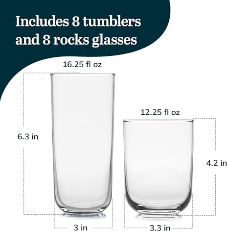 Libbey Polaris Axis Tumbler & Rocks Drinking Glasses Set of 16, Glass Cups