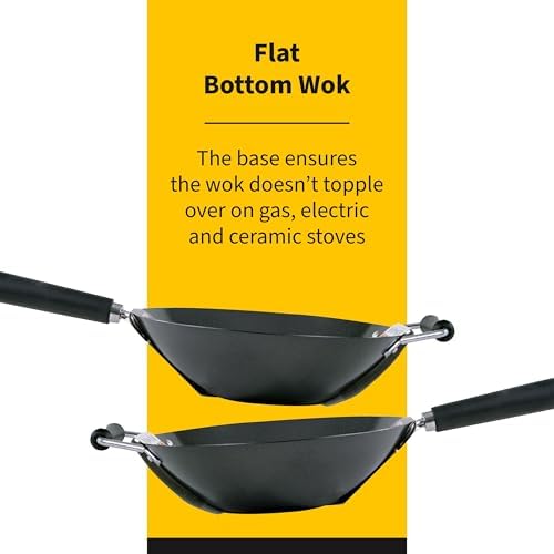 Ken Hom 12" Carbon Steel Nonstick Stir Fry Wok - Soft Touch Helper Handle and Lightweight Flat Bottom Design