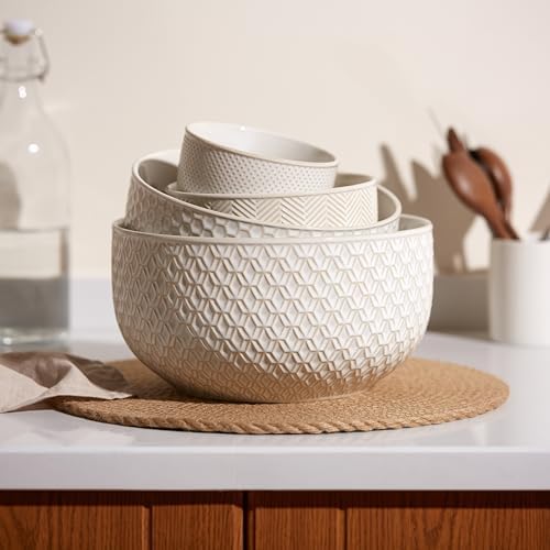 KooK Ceramic Nesting Bowls, Embossed, Oven Safe, Set of 4, Ivory