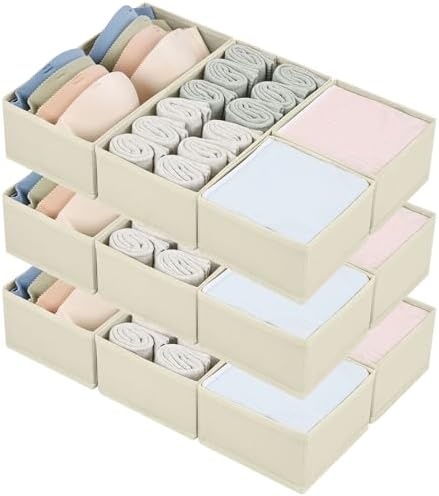 DIMJ Drawer Organizers - Set of 12 Fabric Closet Organizers and Storage, Drawer Dividers for Baby Clothes, Socks, Belt, Tie (Beige)