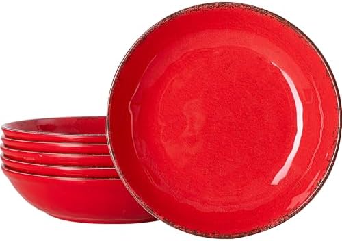 LEHAHA Vintage Melamine Pasta Bowls, Set of 6, 9.25 inch Large Salad Bowls, Unbreakable 100% Melamine Serving Bowls Set for Dinner, 42 oz Wide and Shallow Bowls Set, Dishwasher Safe, Red…