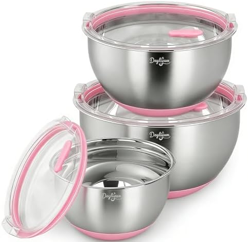 Mixing Bowls with Clear Airtight Lids, 3-Piece Stainless Steel Set, Pink