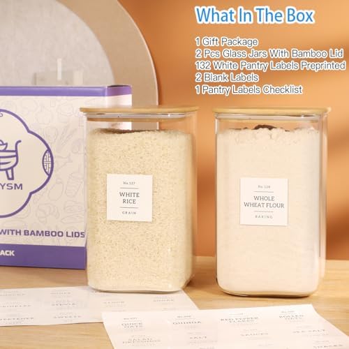 2 Pack large Square Glass Flour and Sugar Containers with 132 Kitchen Pantry Labels - Thicken 149 floz Glass Storage Jars with Airtight Bamboo Lid - Big Rice Canisters for Coffee, Pasta, Cereal
