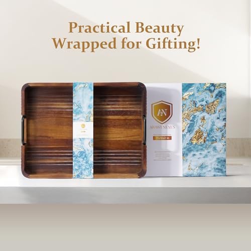 Acacia Wood Serving Tray with Metal Handle, 17x13in Tray for Ottoman