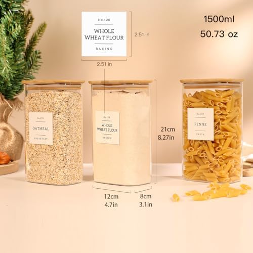3 Pack Square Glass Pantry Storage Containers with 132 Kitchen Food Pantry Labels - 51 floz Clear Glass Pantry Jars with Airtight Wood Bamboo Lids - Glass Canisters for Candy, Cereal, Coffee, Spice