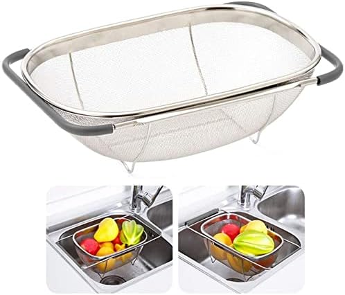 AJIODA Over The Sink Colander, 6 Quarts Stainless Steel Oval Colander with Expandable Rubber Grip Handle, Fine Mesh Strainer Baskets Kitchen Colanders for Strain, Drain, Rinse Vegetables, Fruits, Grey