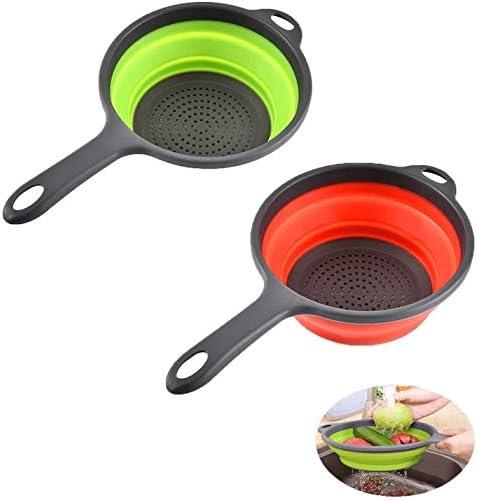 Foldable Silicone Strainer Colanders with Handles, Green and Red, 2 Pack