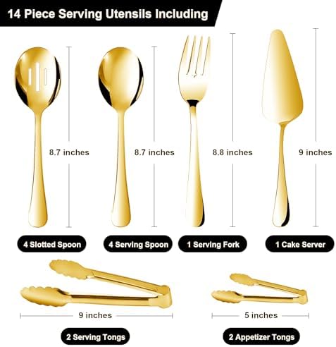 14PCS Serving Utensils - Hostess Serving Utensils Set, Premium Stainless Steel 8.7 inch Serving Utensils, Slotted Spoons, Fork, Tongs, Cake Pie Server for Buffet, Wedding, Dinner (Gold)