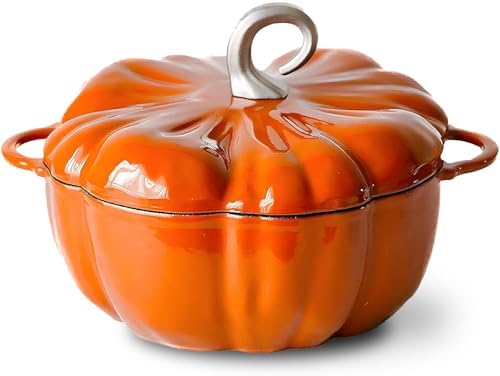 4-Quart Cast Iron Pumpkin Dutch Oven with Lid, Dual Handle, Stew Pot, Serves 3-5, Great for Stews, Casseroles, Halloween Thanksgiving Decorative Gift,Orange