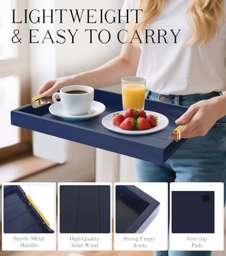 SXNOWS Wooden Serving Tray with 2 Sets of Handles,Navy Blue