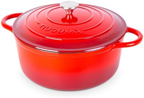 Cast Iron Dutch Oven with Lid - Non-Stick Ovenproof Enamelled Casserole Pot- Sturdy Dutch Oven Cookware - Red, 7.3- Quart, 30cm- by Nuovva