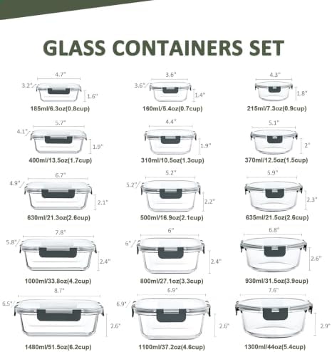 KOMUEE 30 Pieces Glass Food Storage Containers Set with Lids, Gray