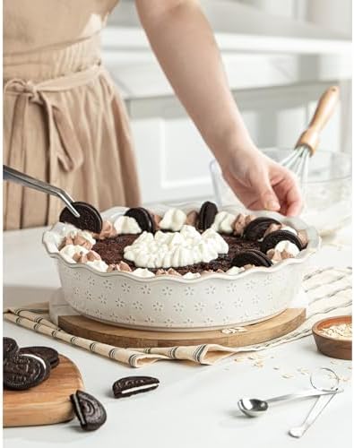 Deep Pie Dish for Baking, Ceramic Pie Pan for Apple Pie, Tart, Quiche Baking Dish, Farmhouse Decor Pie Plate, Deep Dish Pie Pan, Oven Safe, Off-White, Flower