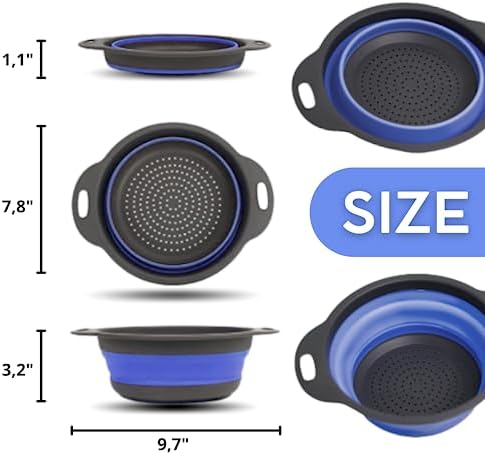 Round Silicone Blue Colander Collapsible – Foldable Kitchen Strainer Small Collapsible Colander Blue with Plastic Handles for Draining Vegetable and Fruit Round Silicone Kitchen Strainer for Pasta