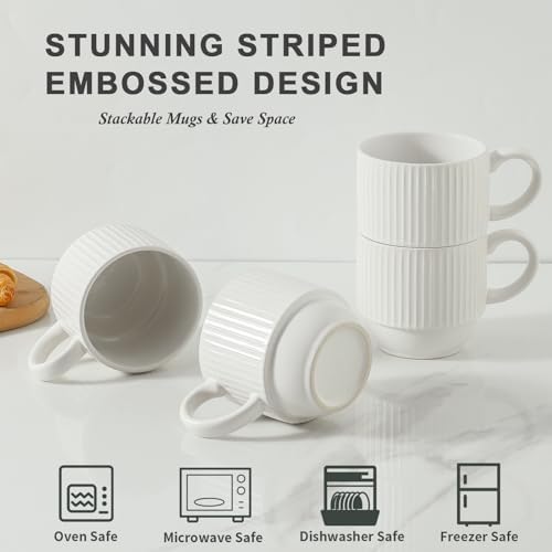 Hasense White Ceramic Coffee Mugs Set With Holder- 12 oz Stackable Coffee Cups Ceramic, Modern Ribbed Latte Cup Sets for Cappuccino, Tea, Espresso, Hot Cocoa, Drinks - Dishwasher & Microwave Safe