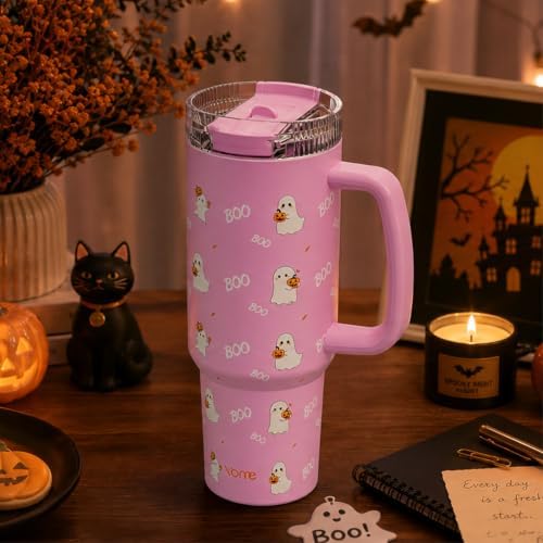 YOME DetaClean 40oz Halloween Tumbler with Handle and Flip Straw for Women | 100% Disassemblable Lid | Stainless Steel Insulated Water Bottle | 100% Leak Proof | Keeps Drinks Cold