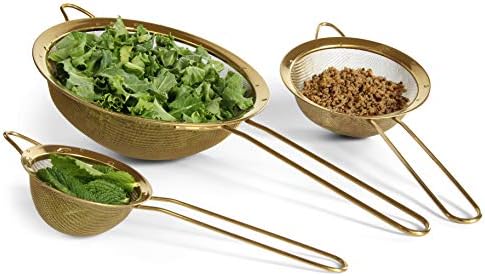 Strainer Set Fine Mesh – Premium 304 Stainless Steel (18/8) – 8″, 5.5″ and 3.3″ Sturdy Kitchen Strainers (Gold)