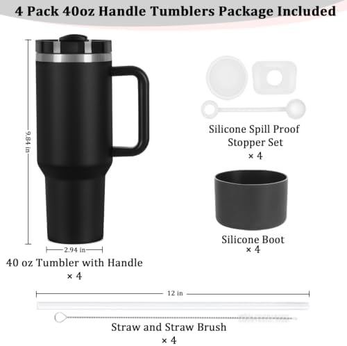 4 Pack 40 Oz Tumbler with Handle Bulk, Double Wall Vacuum Insulated Stainless Steel Tumbler with Lid and Straw, 40 oz cup with Silicone Spill Proof Stopper Set (Black)