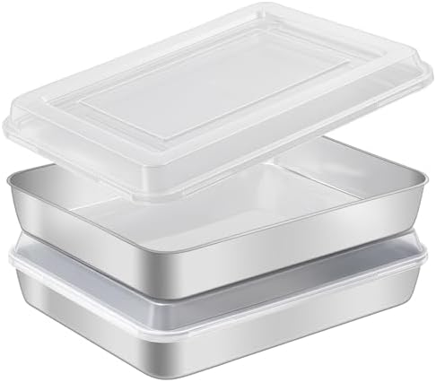Stainless Steel Baking Pan with Lid, 2-Pack Rectangular Cake Pan Set, Non-Toxic & Heavy Duty Metal Bakeware for Brownie, Lasagna, Casserole, Roasting, Dishwasher Safe