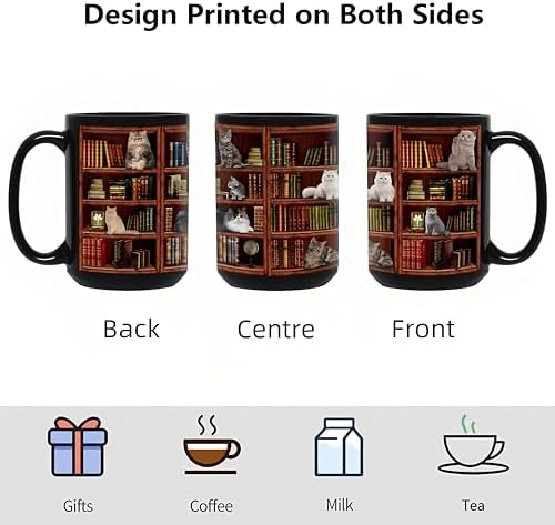 Cat Book Coffee Mug, Library Bookshelf Tea Cup, Black, 15oz