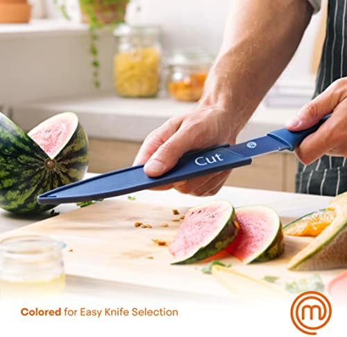 MasterChef Kitchen Knives Set with Covers incl. Paring, Boning, Carving, Bread, Santoku & Chef Knife, Sharp Cutting Stainless Steel Blades with Sheaths, 12 Piece (6 Colored Knives & 6 Covers)