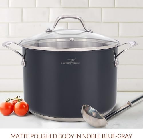 HOMI CHEF Navy Gray NICKEL FREE Stainless Steel 7 Quart Stock Pot with Glass Lid (Non Coating, 9.5 Inch) - No Toxic 7 qt Stockpot With Lid
