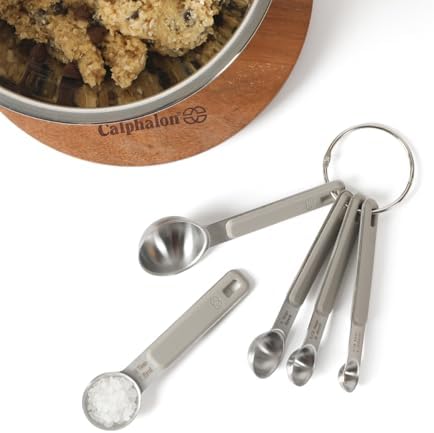 Calphalon Prime Measuring Spoons, 5-Piece Stainless Steel Measuring Spoon Set with Taupe Silicone Handles, Accurate Kitchen Measuring Tools for Spices, Baking & Small Portions
