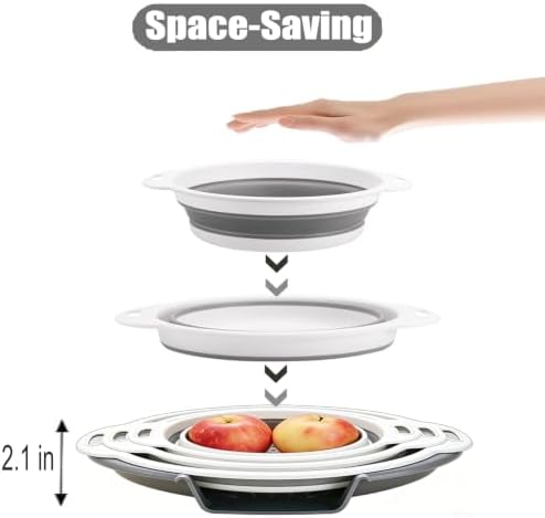 Collapsible Colanders Food Strainers, 3-Pack Foldable Kitchen Strainers with Over-Sink Water Draining Tray, Space Saving Kitchen Drainer for Vegetables, Fruit, Pasta and Rice (White-Gray)