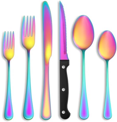 36 Pcs Rainbow Silverware Set with Steak Knives, Stainless Steel Flatware Cutlery Set for 6, Kitchen Tableware Sets, Utensil Sets for Home and Restaurant, Dishwasher Safe