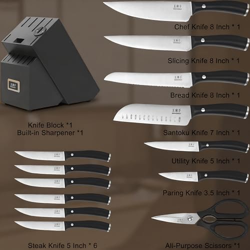 WANGMAZI 15‑Pcs Knife Block Set, Stainless Steel, Black