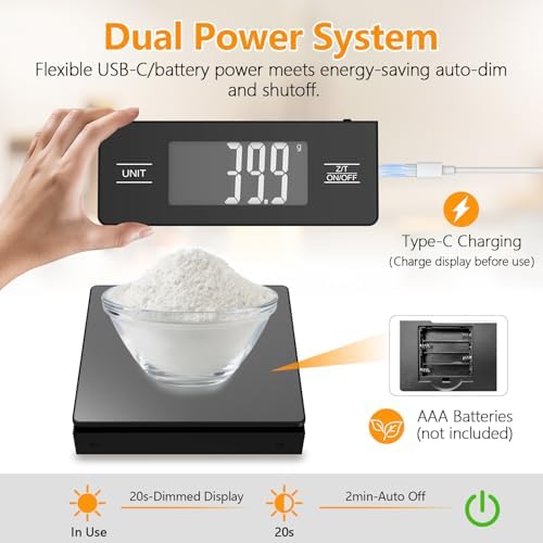 Wireless Detachable Display Digital Food Scale, 11lb/5kg, Solid Black 1g Precise Weighing, Tare & Backlit LCD, 304 Stainless Steel Surface, Ideal for Coffee Brewing, Baking & Daily Meal prep