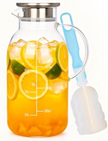 88oz Glass Pitcher, Stainless Steel Lid and Precise Scale Line, Easy Clean Heat Resistant Borosilicate Glass Jug
