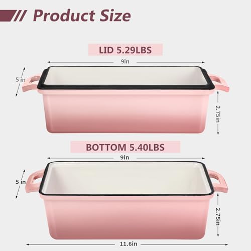 Wildone Enameled Cast Iron Bread Loaf Pan with Lid, 9x5 Sourdough Baking Pans for Homemade Bread, Cake, Meatloaf, Even Heating Bread Pans, 2-Piece Set, Pink