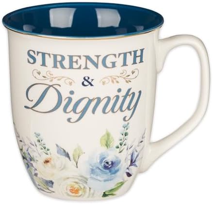 Christian Art Gifts Large Ceramic Inspirational Scripture Coffee & Tea Mug for Women: Strength & Dignity Encouraging Golden Bible Verse, Non-toxic Lead/Cadmium-free Cup, White & Blue Floral, 14 oz.