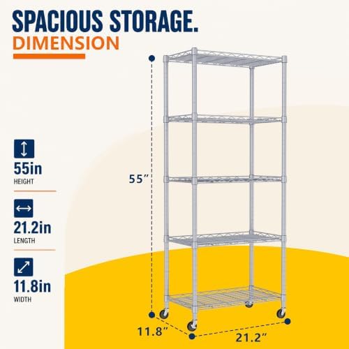 REGILLER 5-Wire Shelving Metal Storage Rack Adjustable Shelves,Standing Storage Shelf Units for Laundry Bathroom Kitchen Pantry Closet(Silver,11.8" D x 21.2" W x 55" H,With Wheels)
