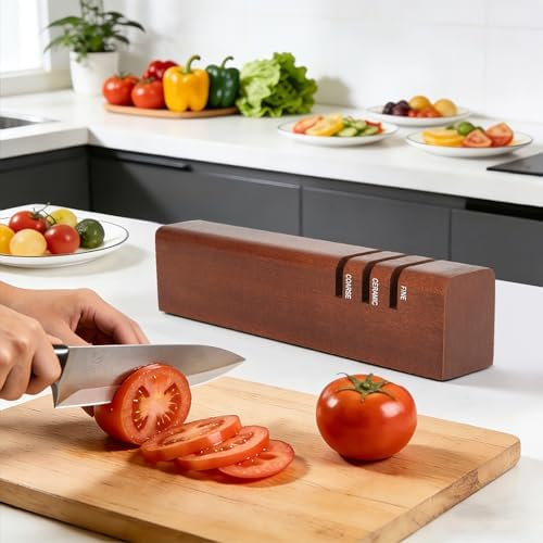 3-Stage Knife Sharpener, Carborundum+Ceramic+Tungsten Steel, 8.3"x1.6"x2" Professional Chef & Pocket Knife Sharpener with Premium Cleaning Cloth, Non-Slip Base, Universal for Kitchen/Outdoor Knives