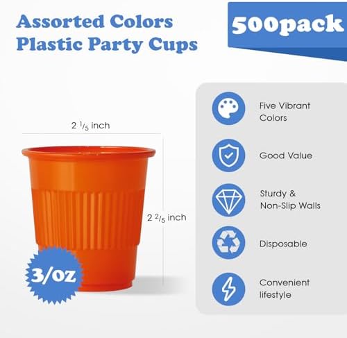 Lilymicky 500 Pack 3 oz Plastic Cups in 5 colors, Great for Bathroom Cups