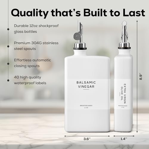 Luxury Glass Olive Oil Dispenser Bottle for Kitchen by Brighter Barns - Oil and Vinegar Bottles, Simple Syrup Dispenser for Coffee Bar Decor - Neutral Kitchen Decor for Cafe (White/Silver, Set of 2)