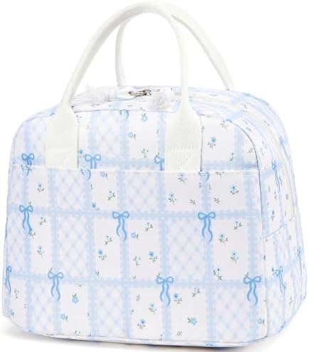 LOVELYWIND Lunch Box for Women, Insulated Lunch Bag, Blue Checkered Tote