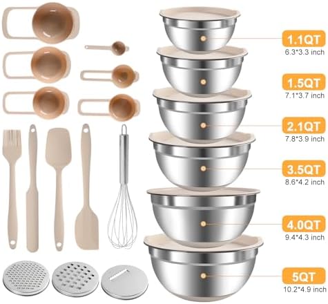 Mixing Bowls with Airtight Lids Set, Non-Slip Silicone Bottoms, Khaki