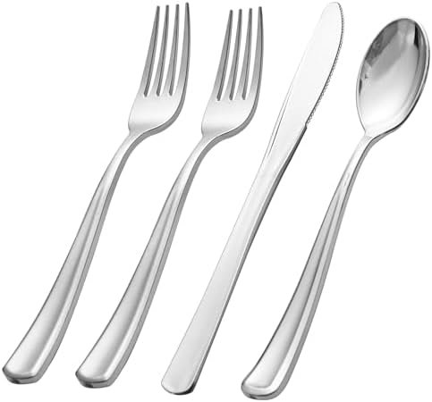 WDF 500PCS Silver Plastic Silverware - Plastic Silver Utensils - 250 Forks 125 Spoons 125 Knives - Heavy Duty Disposable Silverware Sets for Party/Baby Shower/Wedding