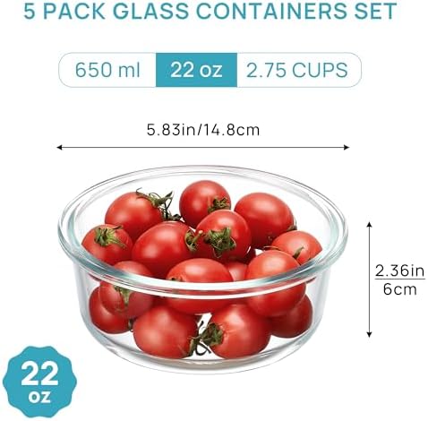 Vtopmart 5Pack 22oz Glass Storage Containers with Lids, Green, Round