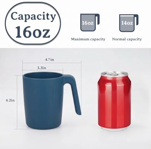 Wrova 16oz Wheat Straw Cups with handles set of 6-Plastic Cups Reusable-Unbreakable Kids Mugs-Dishwasher Safe & Microwave Safe-Ideal Plastic Mugs for Tea,Coffee,Camping,RV-Navy Blue