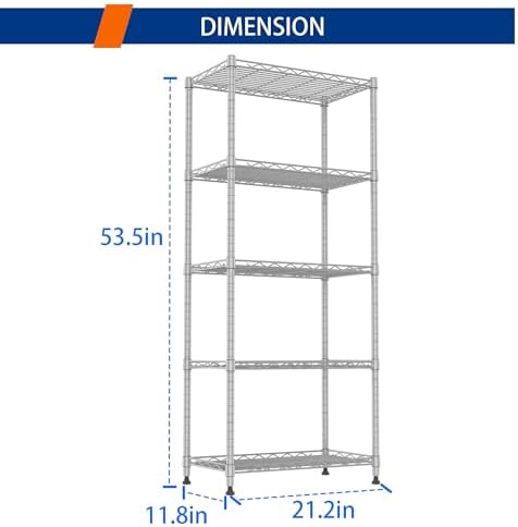 REGILLER 5-Wire Shelving Metal Storage Rack Adjustable Shelves,Standing Storage Shelf Units for Laundry Bathroom Kitchen Pantry Closet(Silver,11.8" D x 21.2" W x 53.5" H)