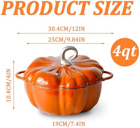 4-Quart Cast Iron Pumpkin Dutch Oven with Lid, Dual Handle, Stew Pot, Serves 3-5, Great for Stews, Casseroles, Halloween Thanksgiving Decorative Gift,Orange