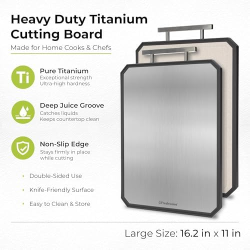 Freshware Titanium Cutting Board for Kitchen, Doble Sided and Non Slip Cutting Boards with Handle, Pure Titanium/PP, Chopping Board with Juice Grooves, Dishwasher Safe, Large 16.2" by 11"