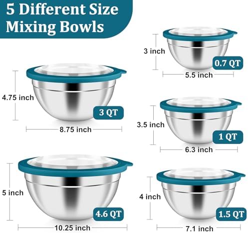 P&P CHEF Metal Mixing Bowls with Lids Set, Visible Airtight Lids & Blue