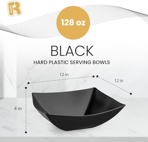R-kay 6 Pack Square Extra Large Plastic Black Serving Bowls -128 Oz Black Plastic bowls - Salad Bowls Large Serving, Premium Heavy Duty For Weddings Catering And Birthday parties