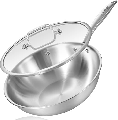 Inqibee 11 Inch Stainless Steel Wok Pan with Lid, Riveted Handle