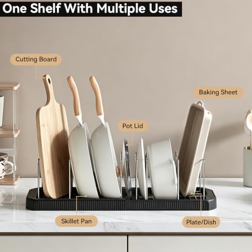 2 Pack Pots and Pans Organizer under Cabinet, Expandable Food Storage Container Lid Organizer with 7 Adjustable Stainless Steel Dividers, ABS Base, Countertop Rack, Black